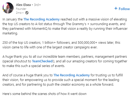 The Recording Academy case study linkedin post