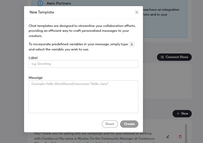 Creator.co message template